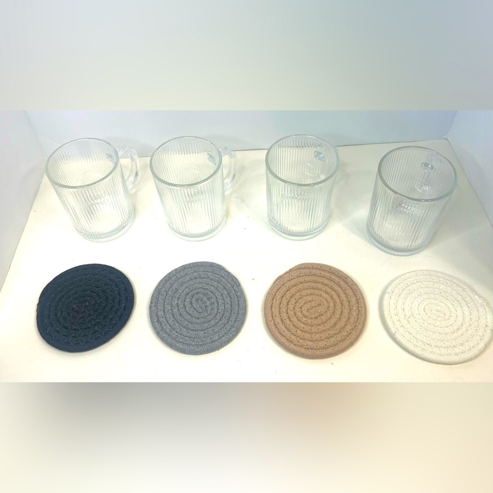 Tipgo Clear Glass Coffee Mugs Set Of 4 With 4 Fabric Rope Style Coasters nice